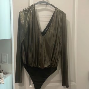 Gold long sleeve rouged shoulder bodysuit